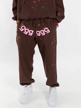 SP5DER brown fleece sweatpants Size S  pink and yellow Logo AUTHENTIC